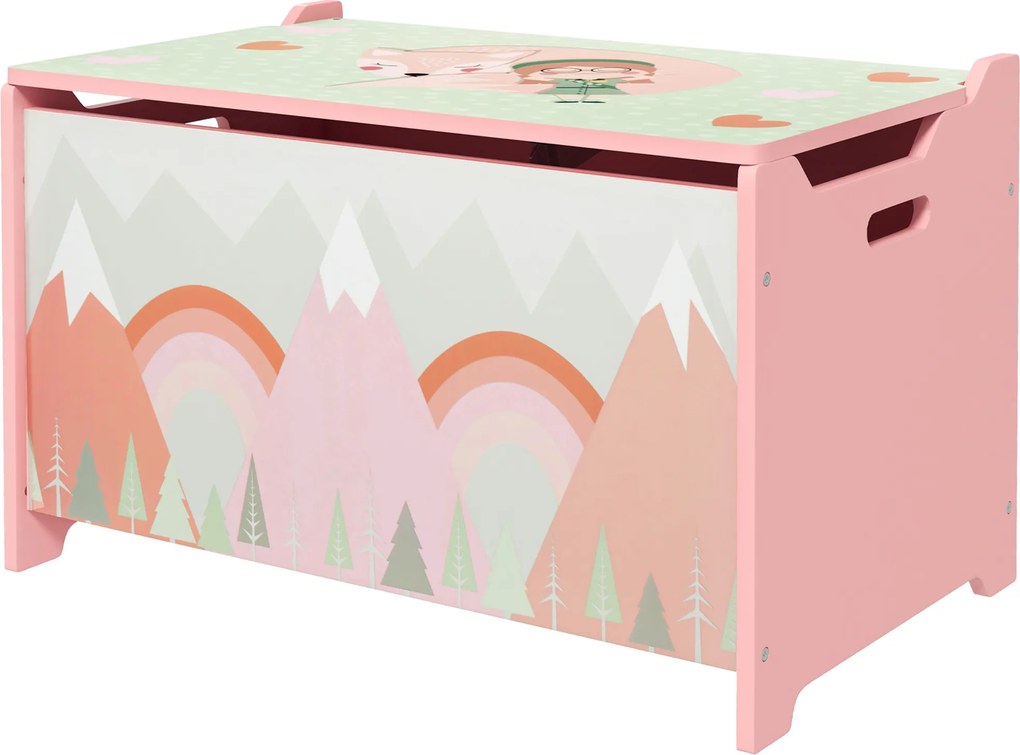 ZONEKIZ Pojemnik do przechowywania z miejscem, Skrzynia na zabawki z wiekiem i zawiasem zabezpieczającym, uroczy motyw zwierzęcy, 60 x 37 x 39 cm, Różowy