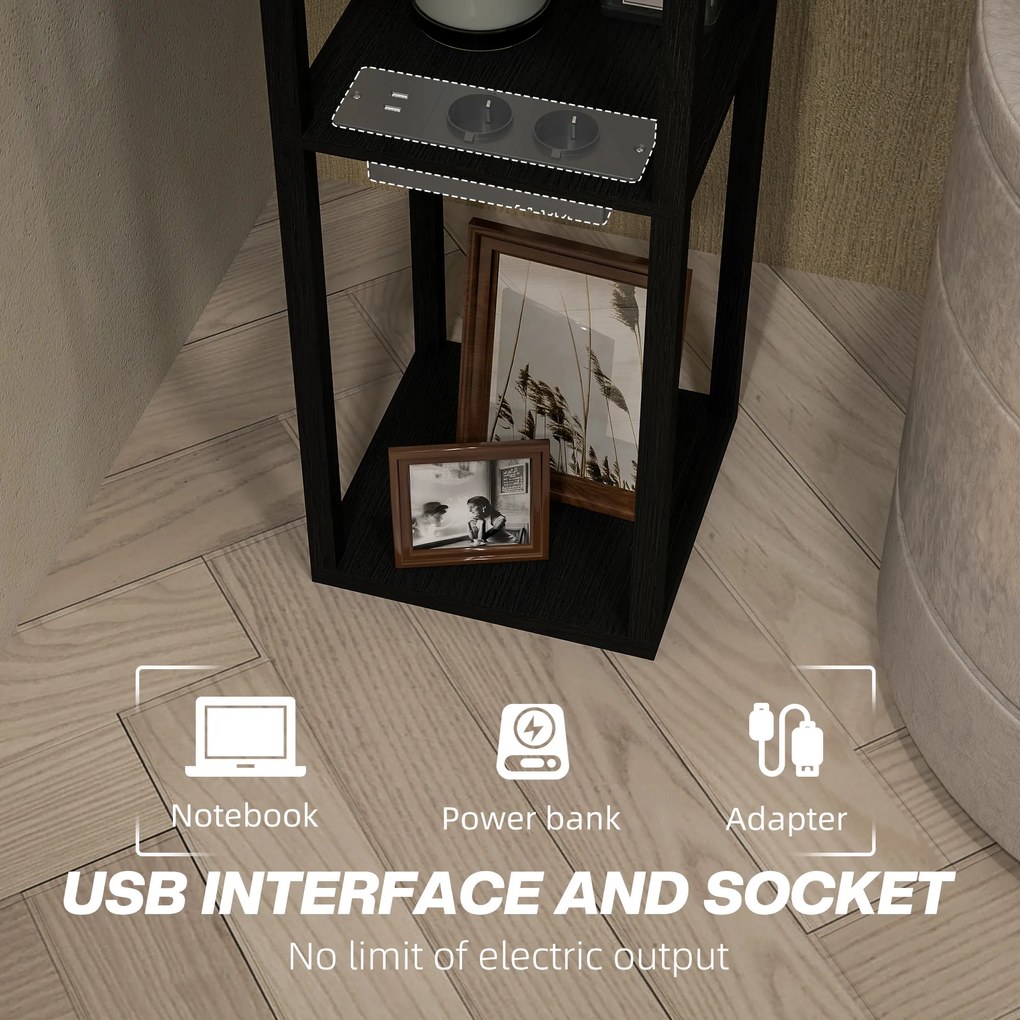 HOMCOM Lampa Stojąca z 3-Poziomową Półką, Przełącznikiem Nożnym, Portami USB, MDF, Czarny