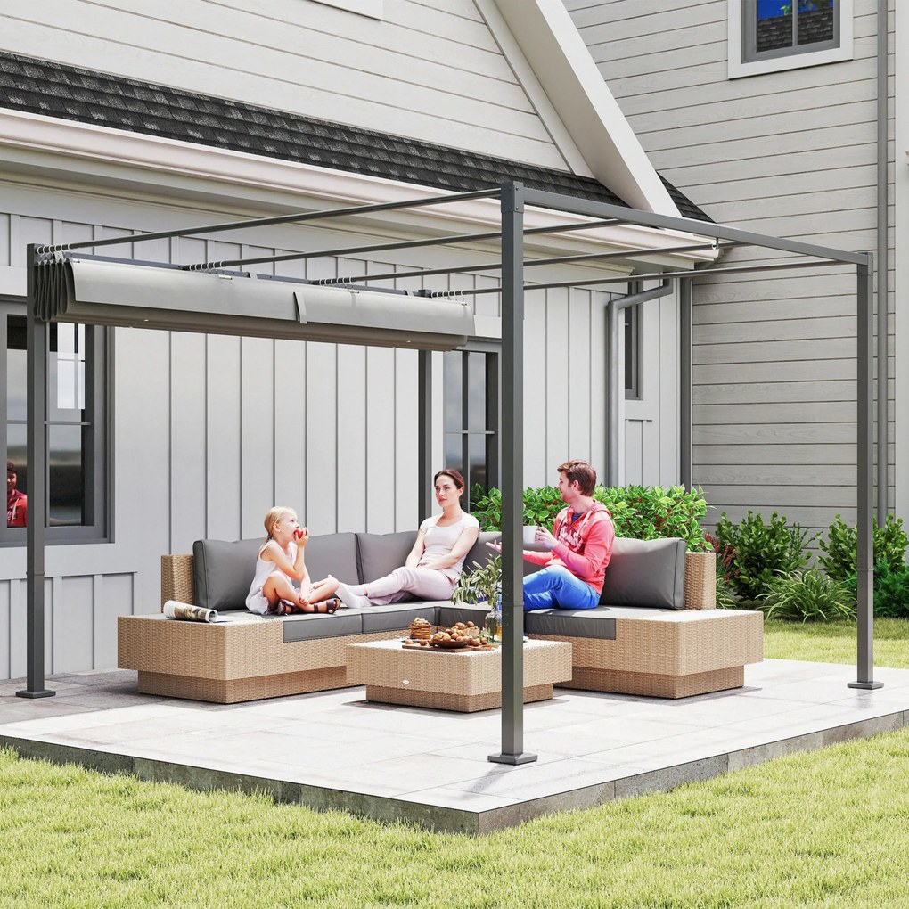 Outsunny Pergola ogrodowa 3 x 3 m z chowanym dachem, pawilon, baldachim zapewniający cień, UPF30+, Grau | Aosom PL
