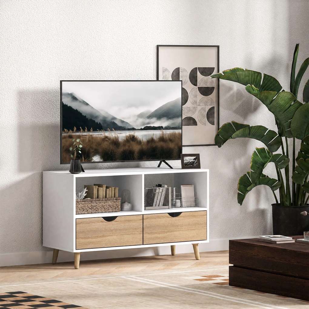 HOMCOM Szafka RTV z szufladami, Otwarci Półki, drewno, 99 x 39 x 58 cm, Biały