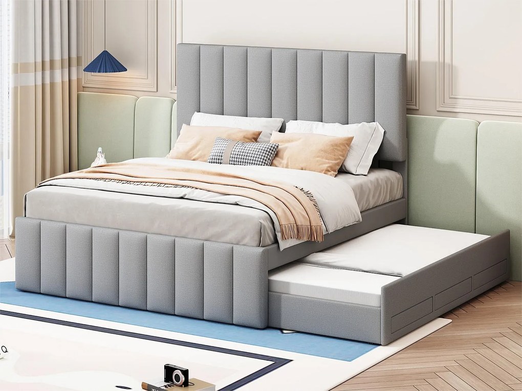 Łóżko wysuwane 140 x 200 cm + 90 x 190 cm - 3 szuflady - tkanina lniana - stelaż listwowy - szary