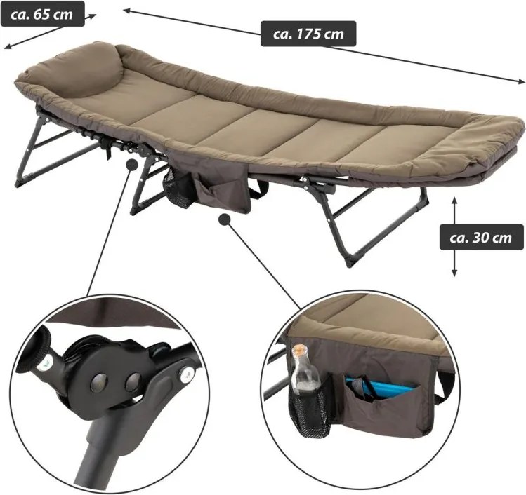 Leżak kempingowy z poduszką, 175 x 65 cm, khaki.