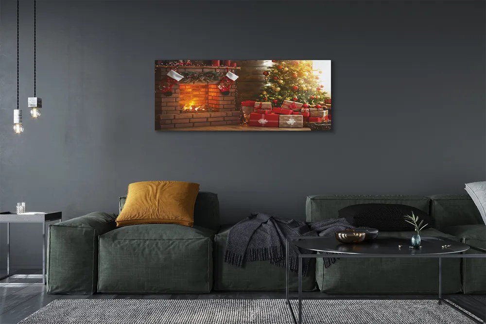 Obraz drukowany na płótnie Świąteczny Kominek z Choinką i Prezentami