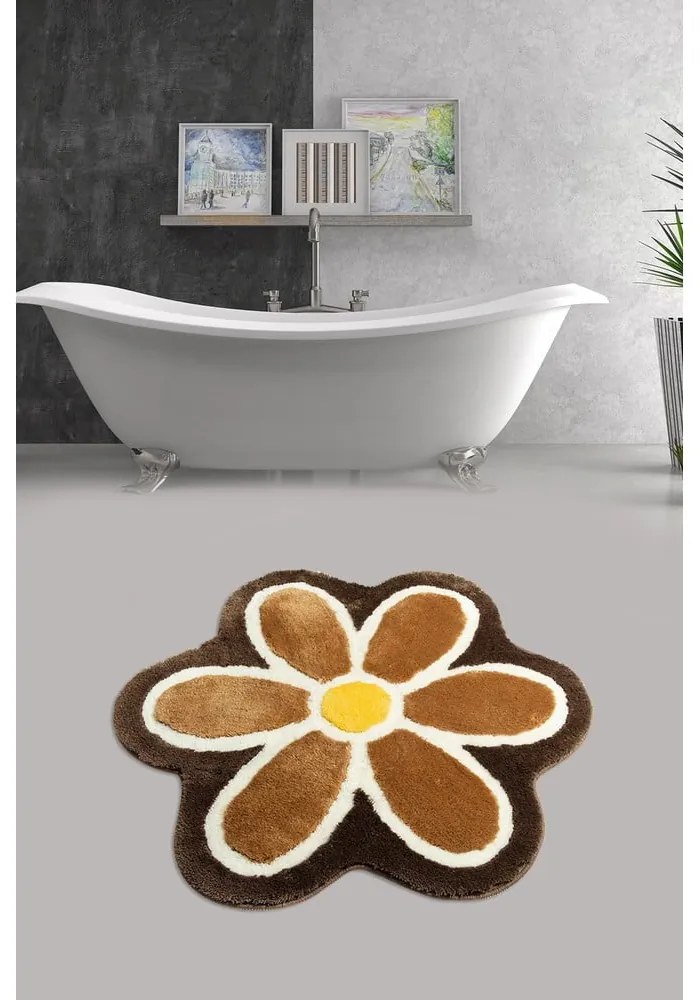 Brązowy dywanik łazienkowy ø 90 cm Flower – Foutastic