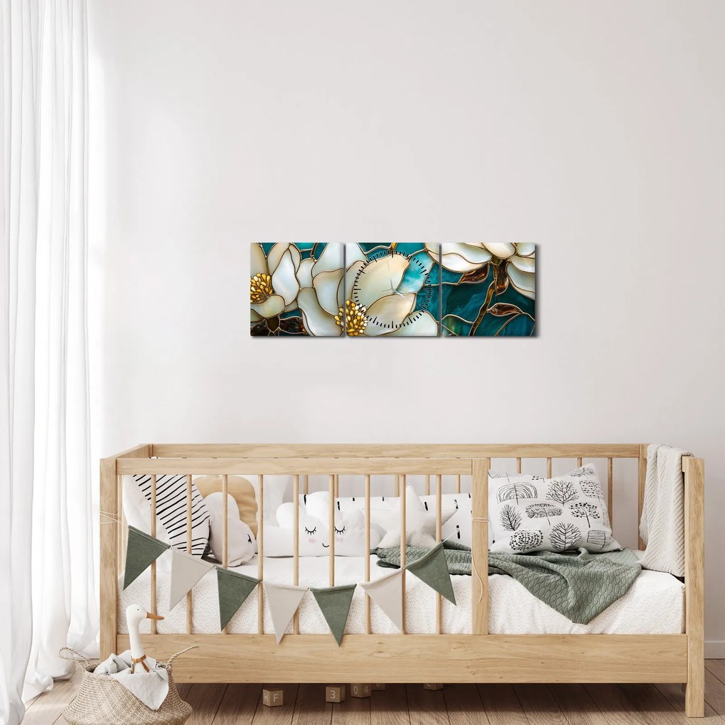 Obraz - Witraż z magnolią (z zegarem) (90x30 cm)