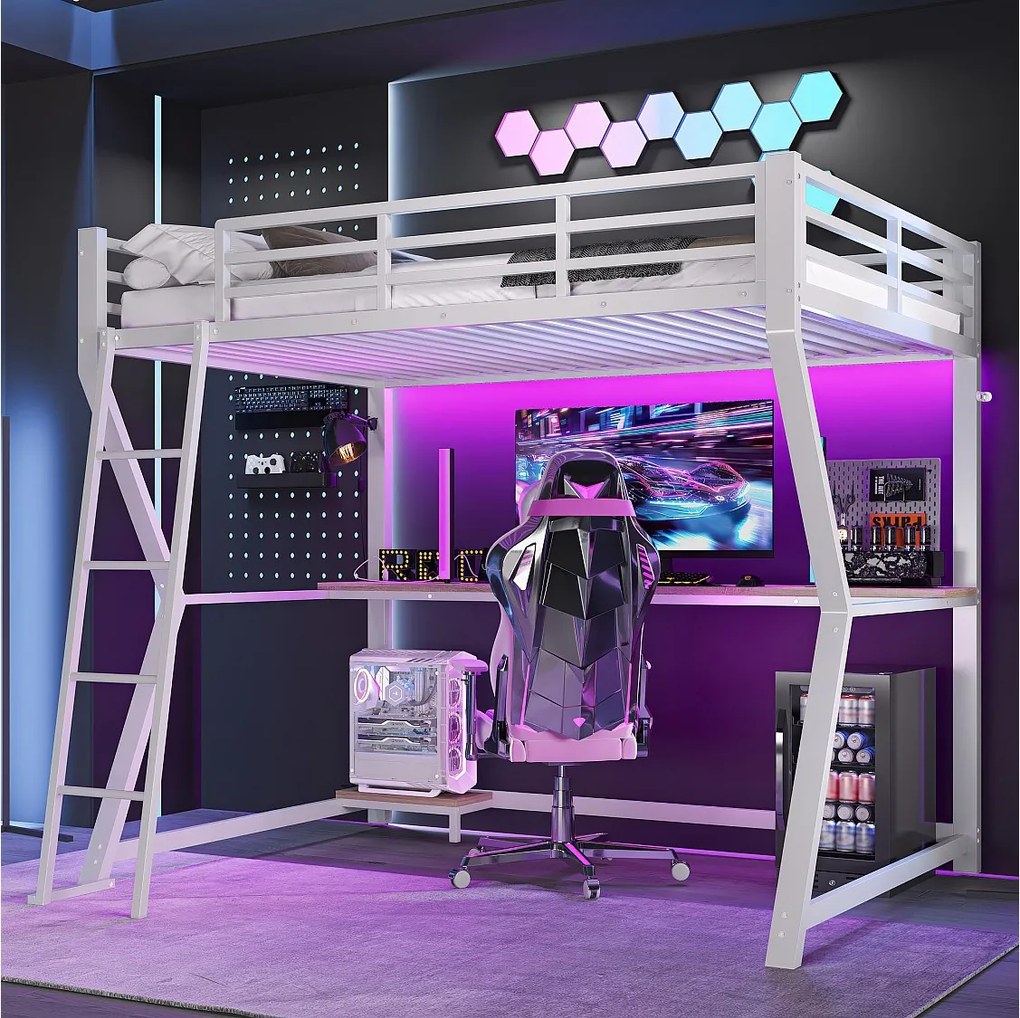 Łóżko górskie 90 x 200 cm – z oświetleniem LED i USB – białe metalowe – bez materaca