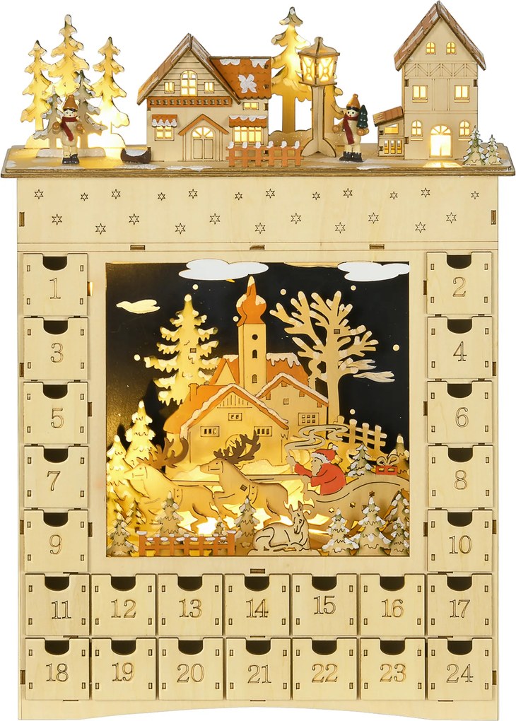 HOMCOM Kalendarz świąteczny do napełnienia, 24 szufladki z diodami LED, drewno naturalne, 36 x 9 x 52 cm | Aosom PL