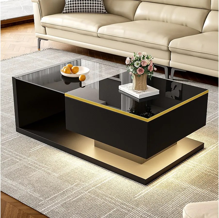 Stolik kawowy błyszczący - 90 x 50 x 32,5 cm - ze szkłem + efekt LED + schowek - płyta wiórowa - czarny