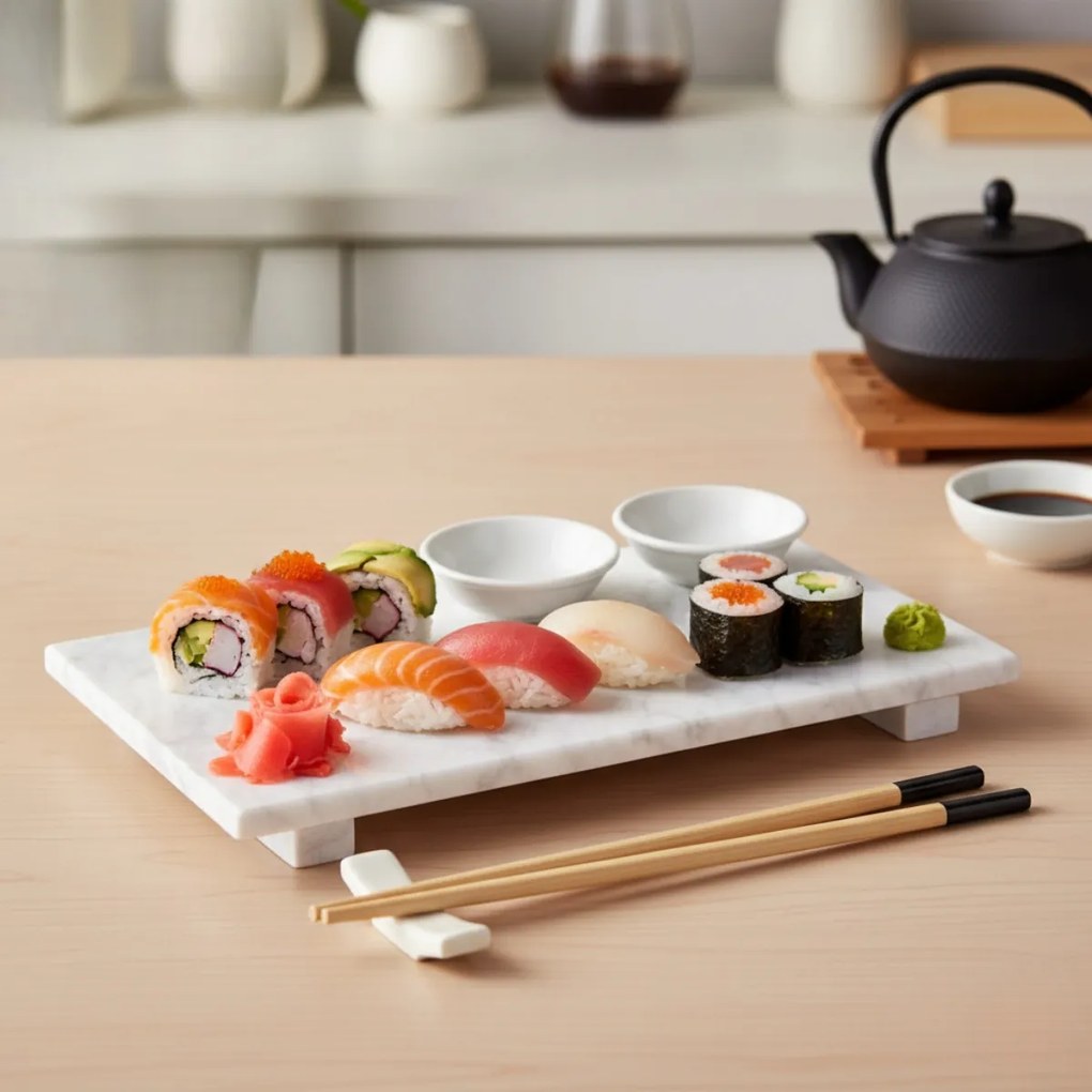 Zestaw do serwowania sushi ORIA dla 2 osób, 9 elementów, taca z marmuru