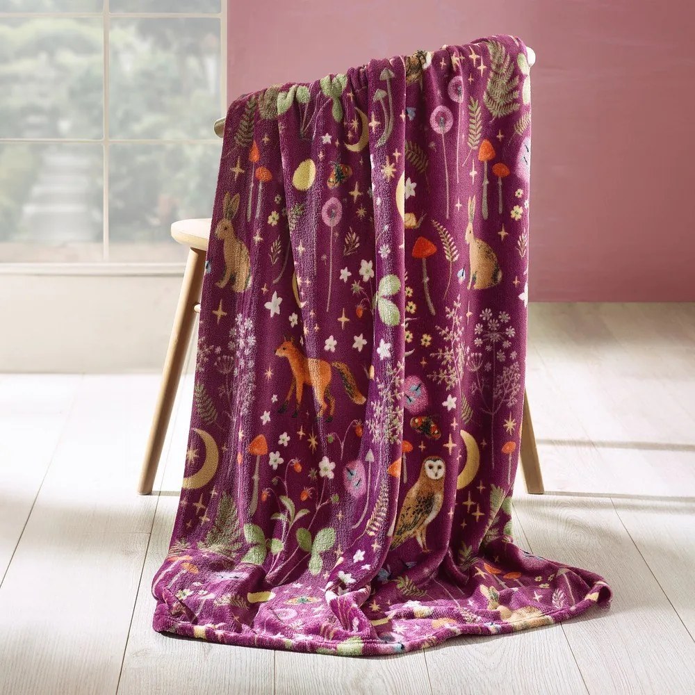 Fioletowy koc z mikropluszu 130x170 cm Enchanted Twilight Animals – Catherine Lansfield