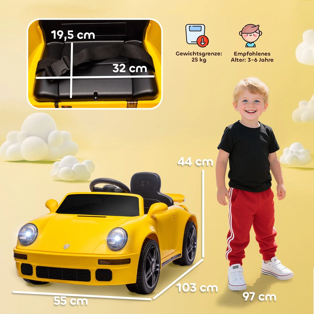 AIYAPLAY Elektryczne Auto Dziecięce, 12V z Zdalnym Sterowaniem, Miękki Start, MP3, LED, Klakson, Wskaźnik Energii, Żółty