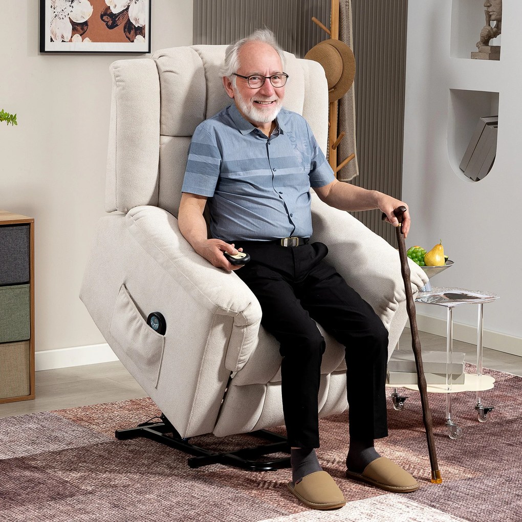 HOMCOM Fotel Powerlift z funkcją masażu i ogrzewania, Fotel wypoczynkowy z podnóżkiem, Boczne kieszenie, Obicie z tkaniny, Beżowy