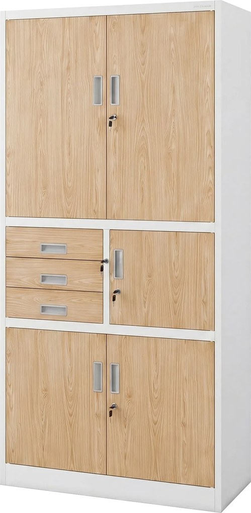 Biurowa szafa metalowa z sejfem biała / dąb sonoma: Eco Design FILIP II, 900 x 1850 x 400 mm