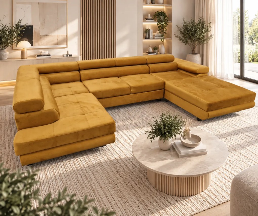 Duża sofa narożna z regulowanymi zagłówkami i pojemnikiem na pościel, złoty/musztardowy, Aspen U, lewy