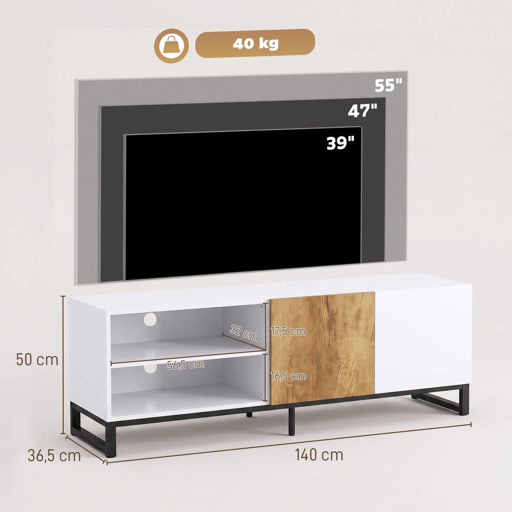 HOMCOM Szafka RTV do telewizorów do 139,7 cm, nowoczesne TV-Lowboard z regulowanymi półkami, Biały | Aosom PL