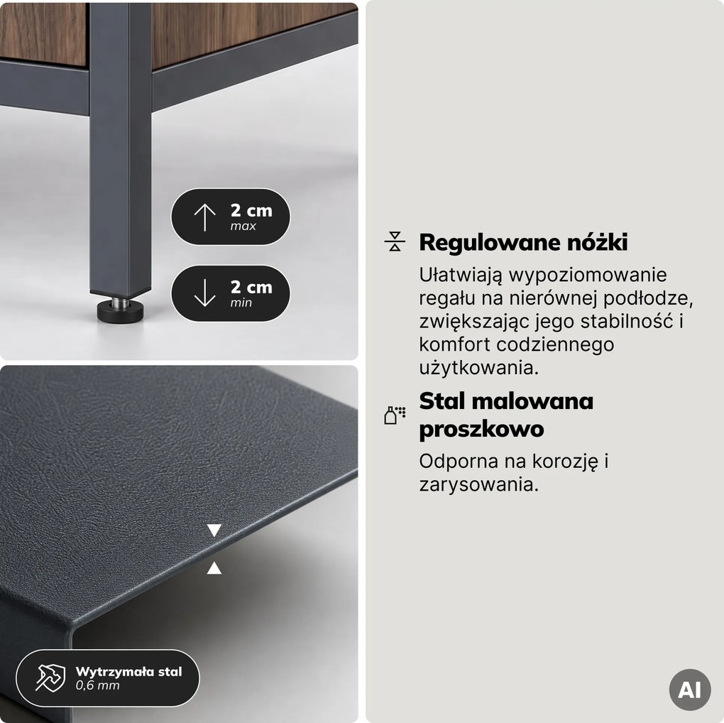 Regał z szufladami do biura, na segregatory i dokumenty, otwarte półki, metalowy, antracytowy/orzech, 800x2200x400 mm: ARIEL Eco Design
