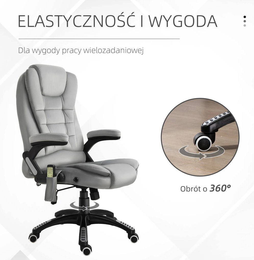 Vinsetto fotel biurowy do masażu krzesło obrotowe 6-punktowy masaż i ogrzewanie ergonomiczny odchylany do 130° z pilotem do 120 kg szary | Aosom PL