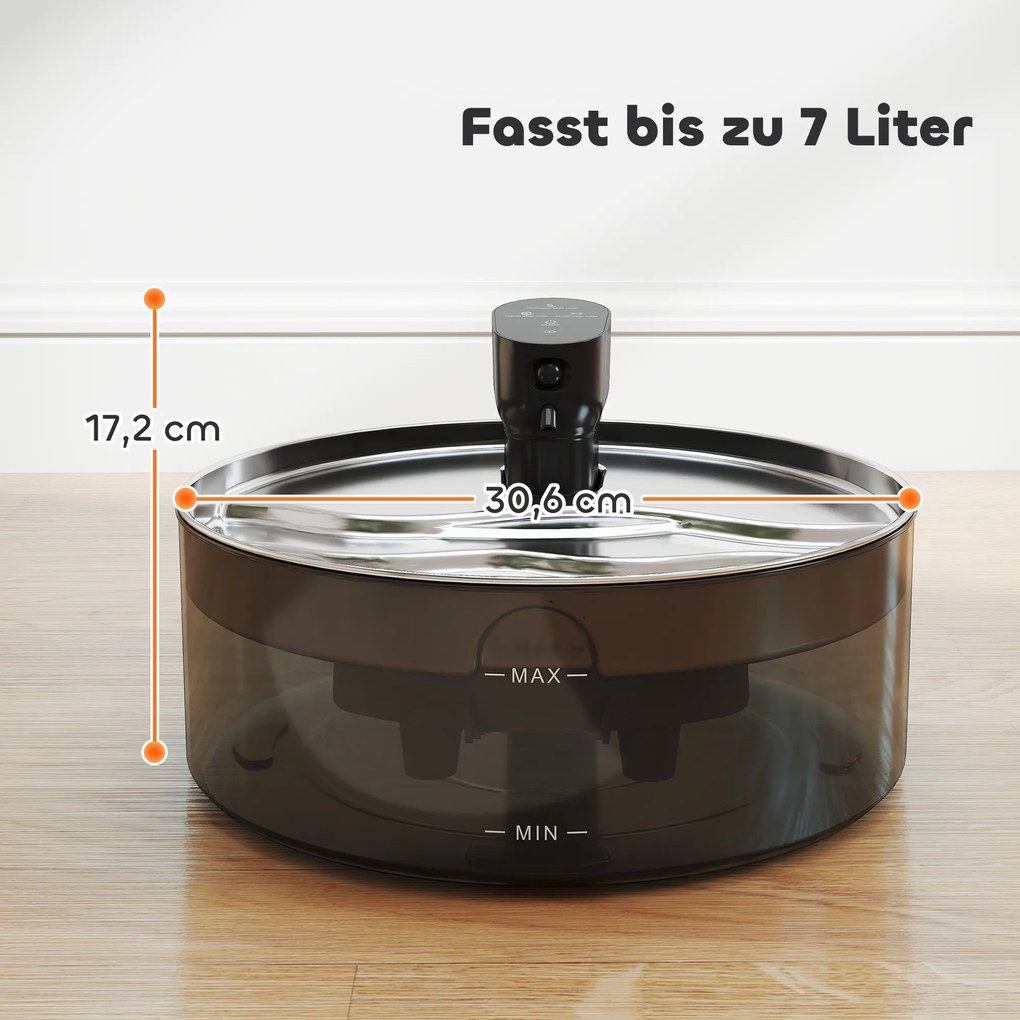 PawHut Fontanna dla Kotów 7L z Cichą Pompą LED, Filtrem z Aktywnym Węglem, Nierdzewna Stal, Łatwa w Czyszczeniu, 30,6 x 30,6 x 17,2 cm