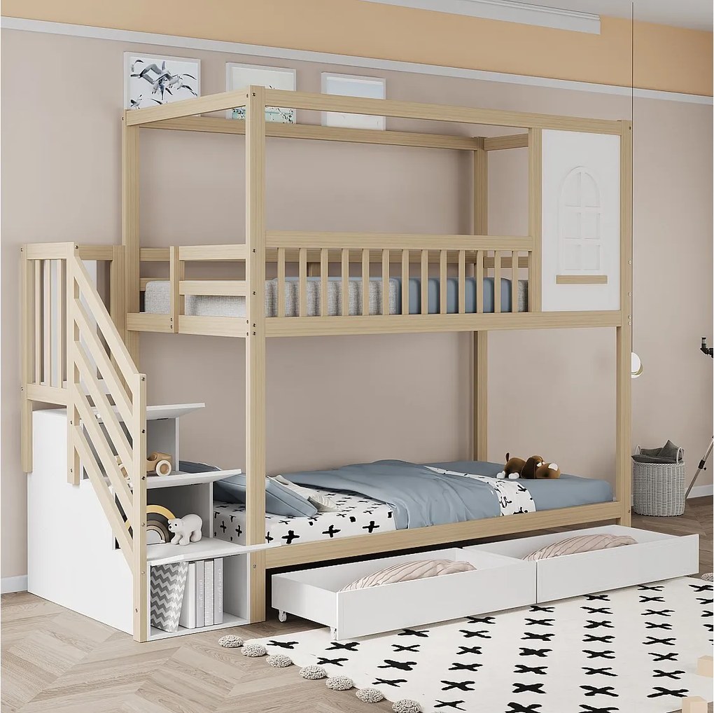 Łóżko piętrowe 2 x 90 x 200 cm z 2 szufladami + półki + schodki - drewno lite - kolor naturalny + biały