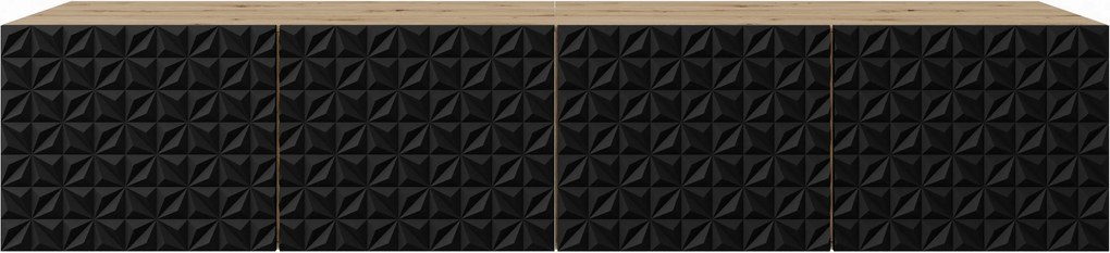 Szafka RTV ROVA - Dąb artisan / Wisząca / Front Czarny / 4 drzwi / 200 cm