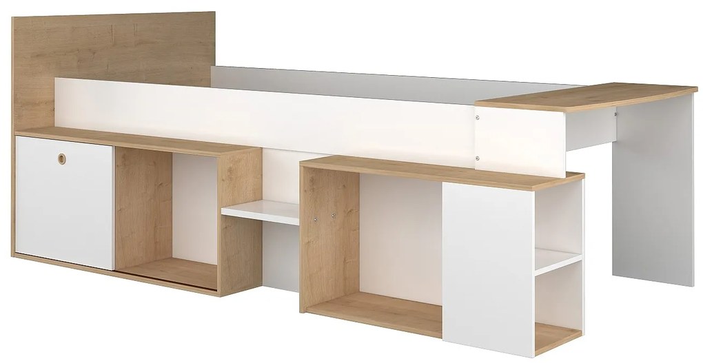 Łóżko piętrowe 90 x 200 cm z biurkiem i schowkami - Biała i naturalna + Stelaż + Materac - PALOMA