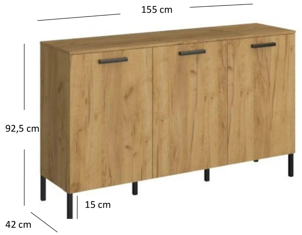 Komoda Trzydrzwiowa do Salonu LUXE 155 cm Dąb craft złoty/Antracyt Loft