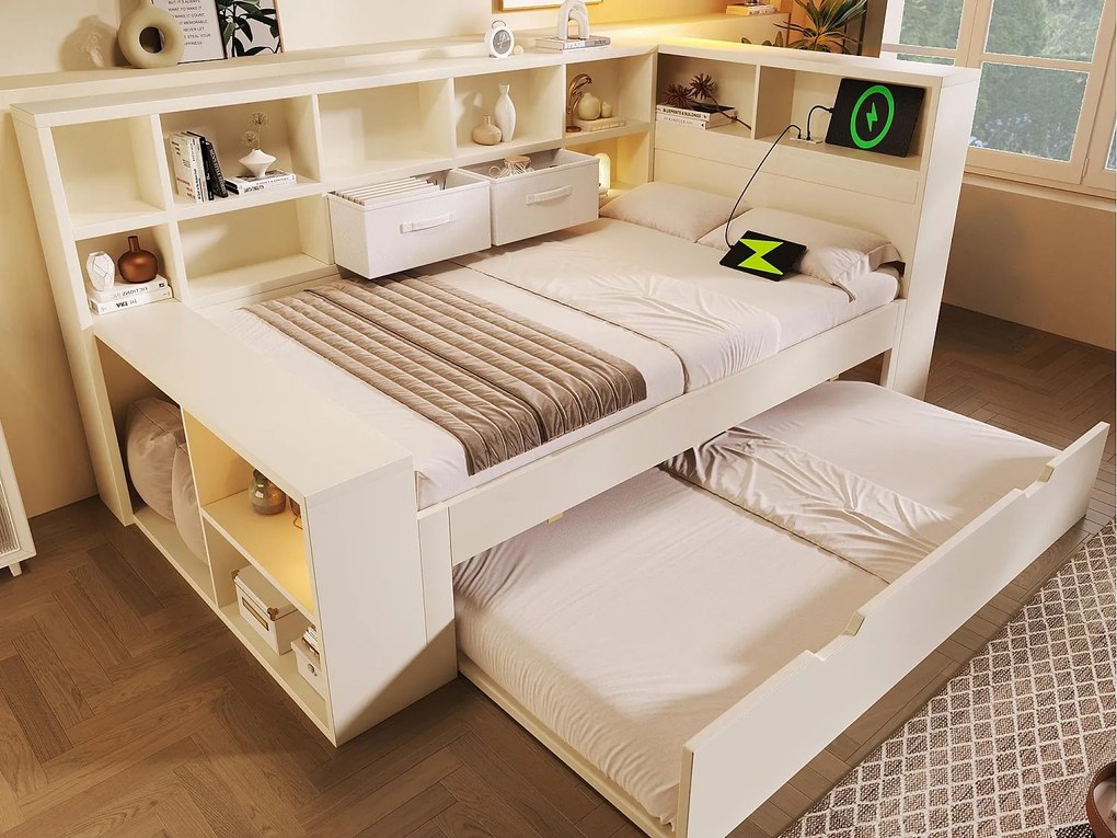 Rozkładana kanapa 90x190cm - z wsuwanym łóżkiem - z USB/Type-C - z miejscem do przechowywania - drewno lite + płyta wiórowa - biały