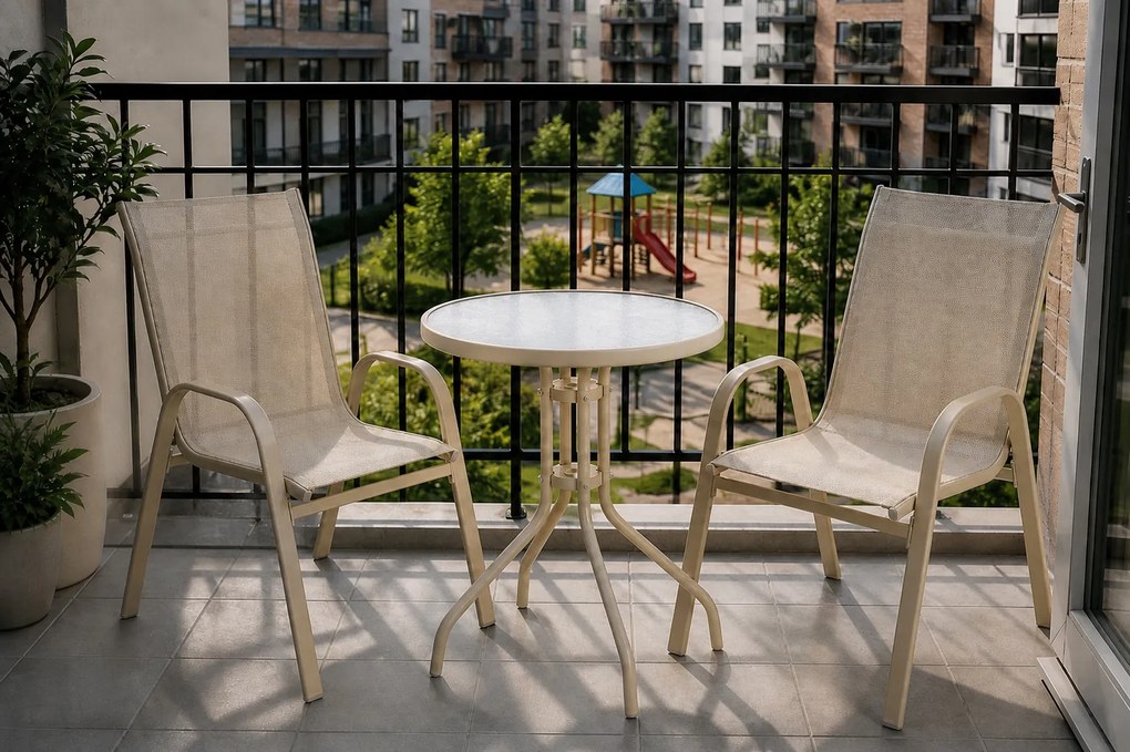 Zestaw mebli na balkon Boston 019 - okrągły stolik szklany i 2 krzesła, kolor beżowy
