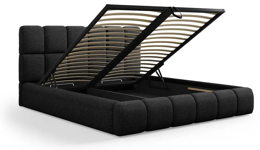 Czarne tapicerowane łóżko dwuosobowe ze schowkiem i stelażem 200x200 cm Bellis – Micadoni Home