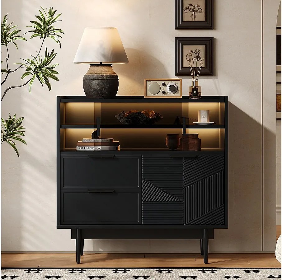 Bufet z MDF z LED - 1 drzwi, 2 szuflady i 2 otwarte przegrody - Czarny