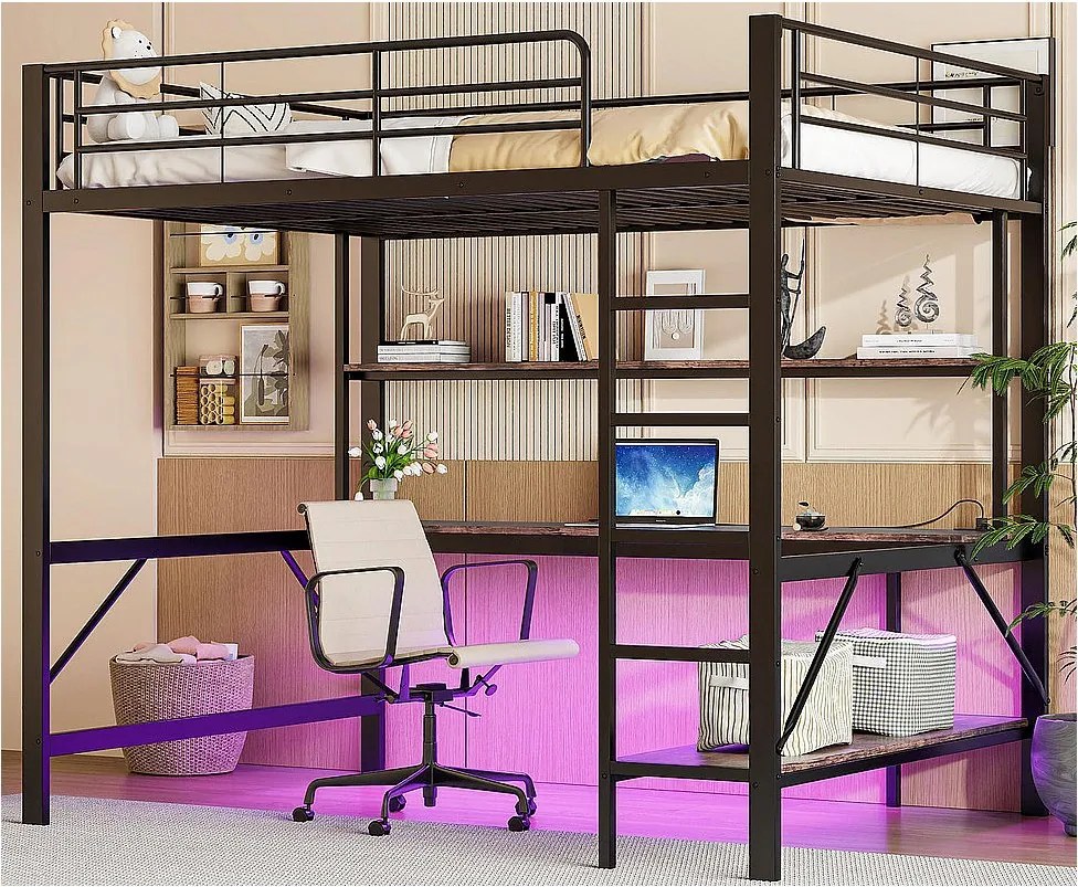 Łóżko mezzanine 140x200 cm - z barierkami - z drabiną - z USB i gniazdkami - z oświetleniem LED - z biurkiem + półkami wielopoziomowymi - czarne (bez materaca)