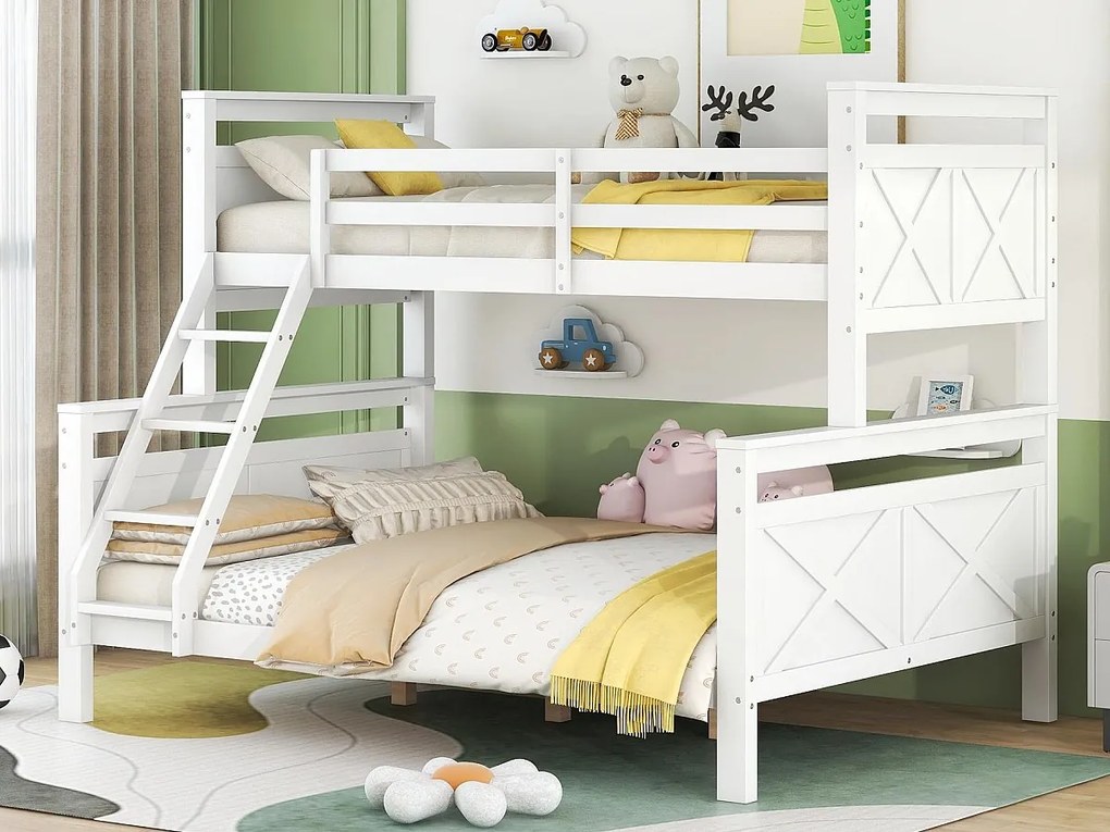 Łóżko piętrowe 90/140x200cm z drewna sosnowego - z barierkami i drabinką - Białe