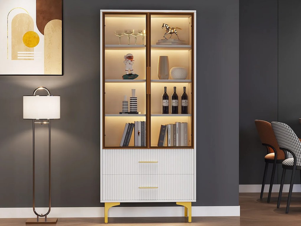 Witryna z 2 drzwiami szklanymi - LED-y - 70 x 35 x 150 cm - Płyta wiórowa - Biała