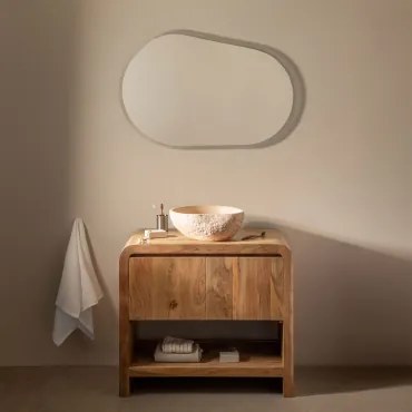 Zestaw Mebli Łazienkowych Z Drewna Vacry Akacja Brąz & Nieregularna Z Beż Cementu ↔︎40 Cm Fedro & Owalna Lampa - Sklum