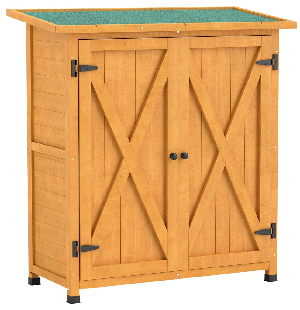 Outsunny Szafka Ogrodowa, Schowek na Narzędzia z Drewna, Wodoodporny Schowek z 2 Drzwiami, Asfaltowy Dach 110 x 55 x 117 cm, Żółta