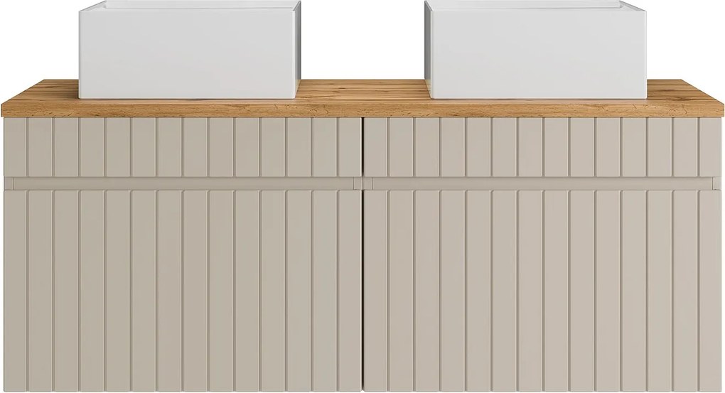 Wisząca szafka łazienkowa prążkowana beżowa z nablatową umywalką kwadratową - 120 cm - SATARA