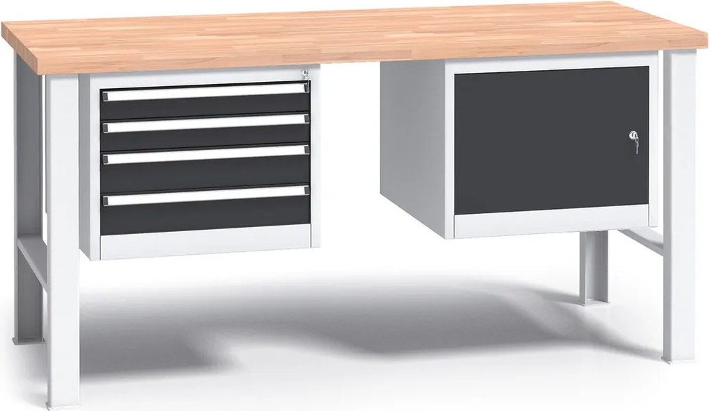 Profesjonalny stół warsztatowy G3 z drewnianym blatem roboczym, 1700 mm, 1x 4 szufladowy kontener, 1x szafka, grafitowy