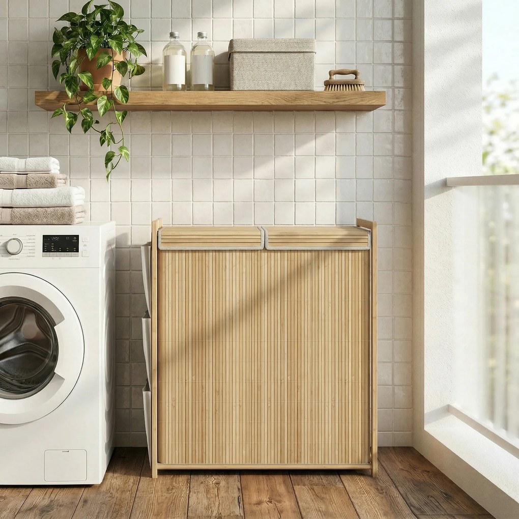 HOMCOM Bambusowy kosz na bieliznę z wyjmowanym workiem ze sznurkiem i bocznymi kieszeniami, 120L, naturalny | Aosom PL