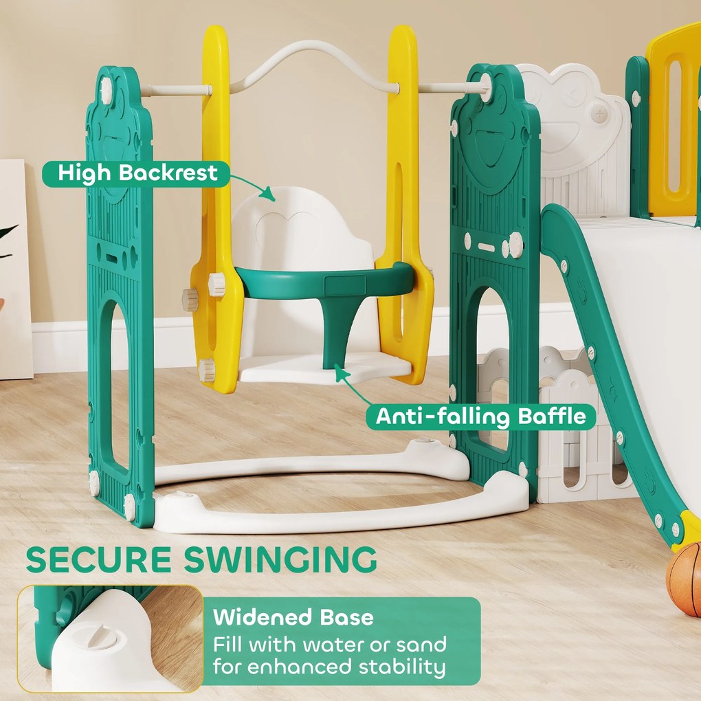 AIYAPLAY 9-w-1 zestaw zjeżdżalni i huśtawki dla maluchów z koszem do koszykówki, teleskopem, tablicą do rysowania, designem żabki, Żółty+Zielony