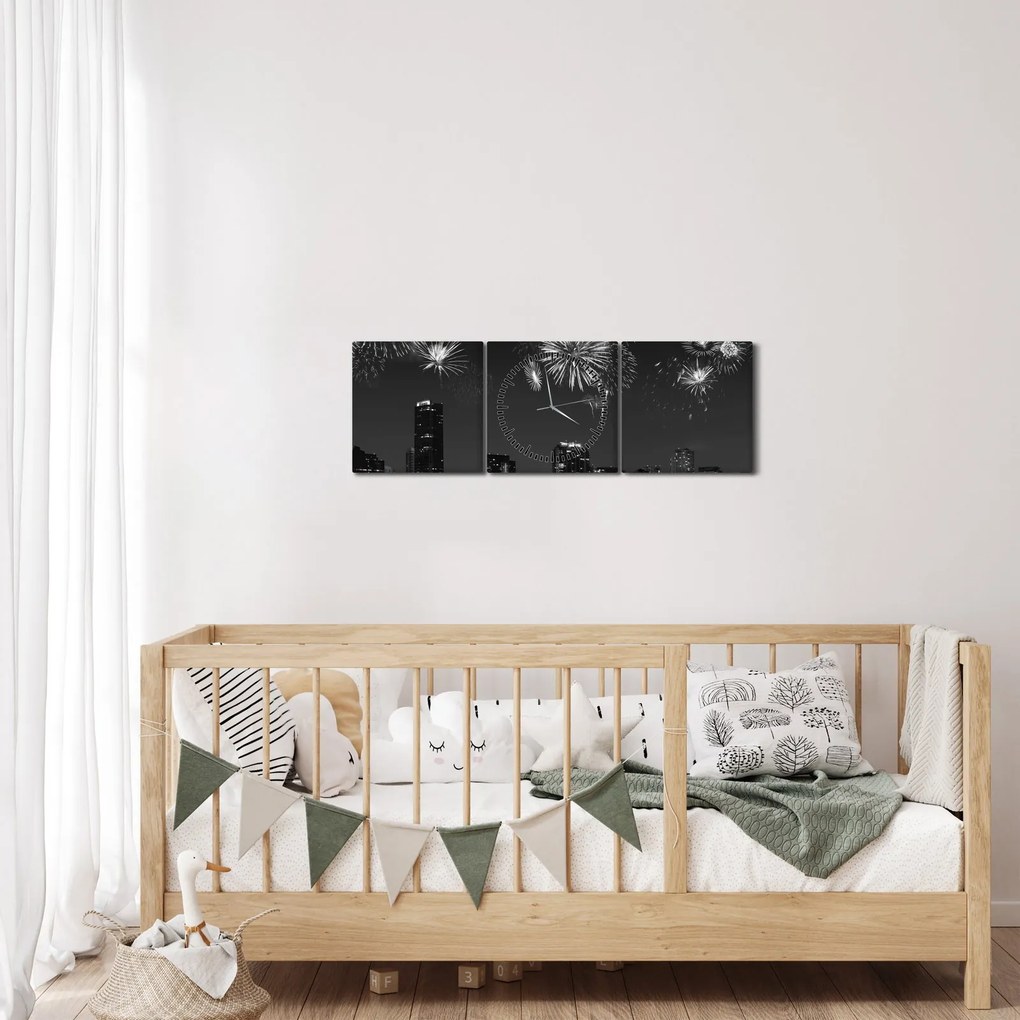 Obraz - Fajerwerki w Miami, czarno - białe (z zegarem) (90x30 cm)