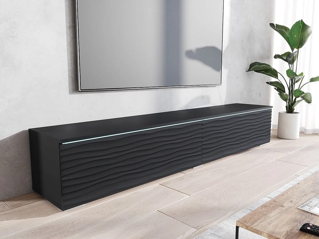 Nowoczesna szafka RTV 180 cm do salonu z LED – 2-drzwiowa, bezuchwytowa, czarny mat, stojąca lub wisząca, fronty MDF fala