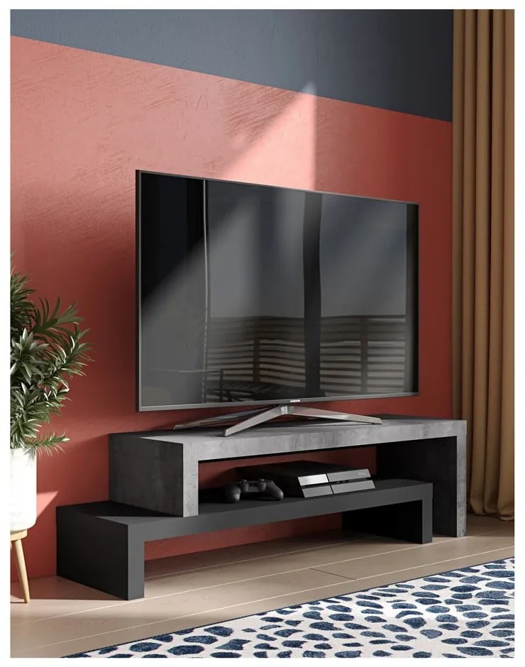 Podwójna czarna szafka pod TV z dekorem betonu TemaHome Cliff, 125x20 cm