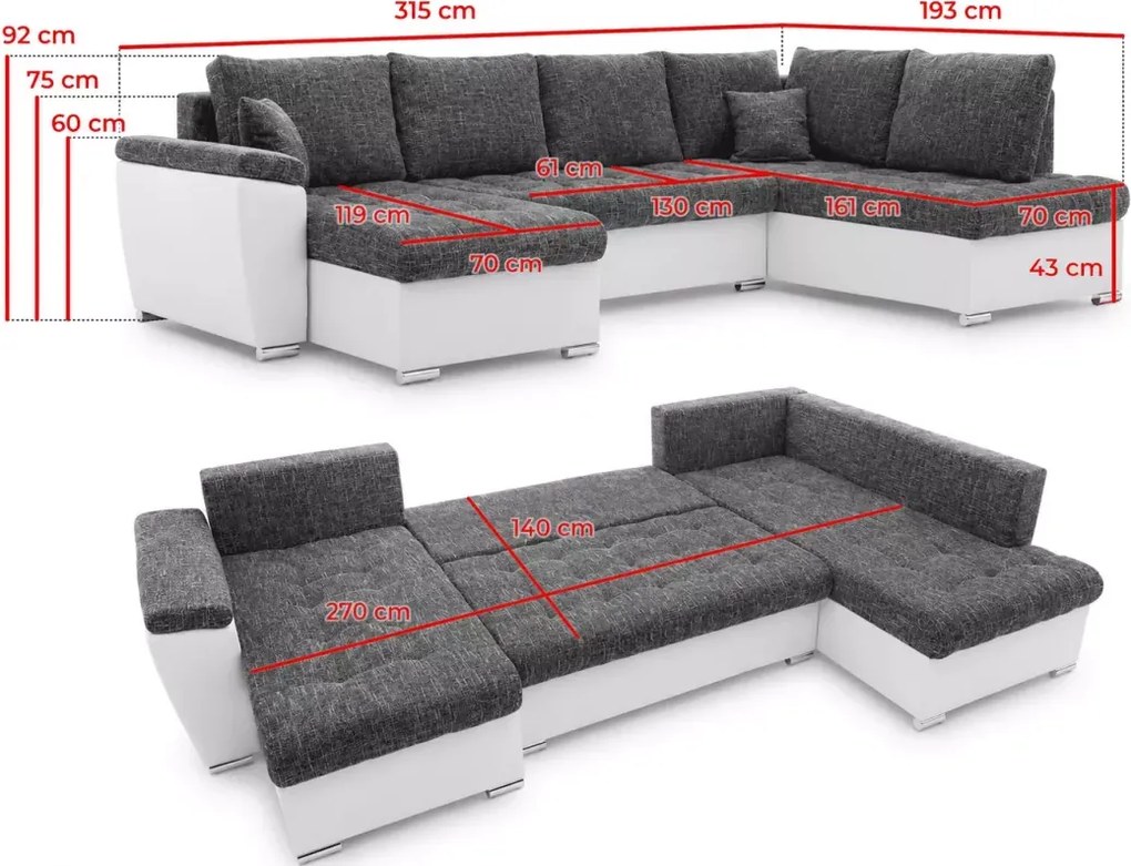 Narożnik Joris U z funkcją spania i pojemnikami – plecionka + ekoskóra, nowoczesny design