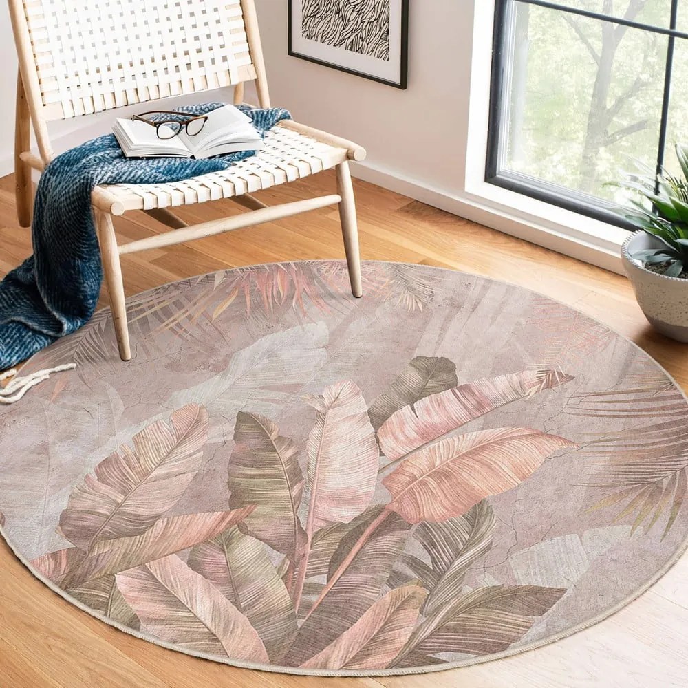 Jasnoróżowy okrągły dywan odpowiedni do prania ø 150 cm Dusty Leaves – Mila Home