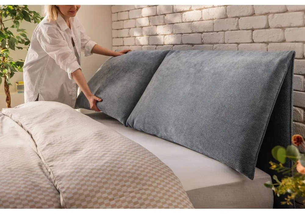 Niebieskie tapicerowane łóżko dwuosobowe ze schowkiem i stelażem 160x200 cm Thessa Pillow – Bonami Selection
