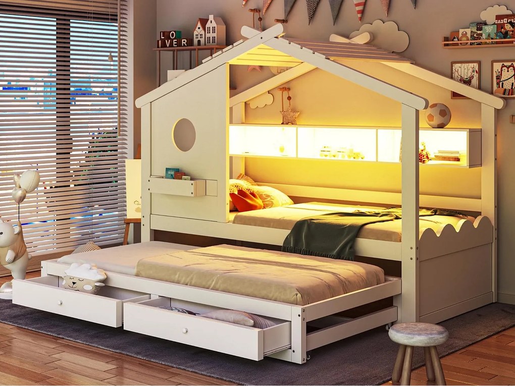 Łóżko domki dziecięce 90x200cm - z łóżkiem chowanym 90x190cm - z 2 szufladami - z portami ładowania USB + Type-C - z oświetleniem LED - biały