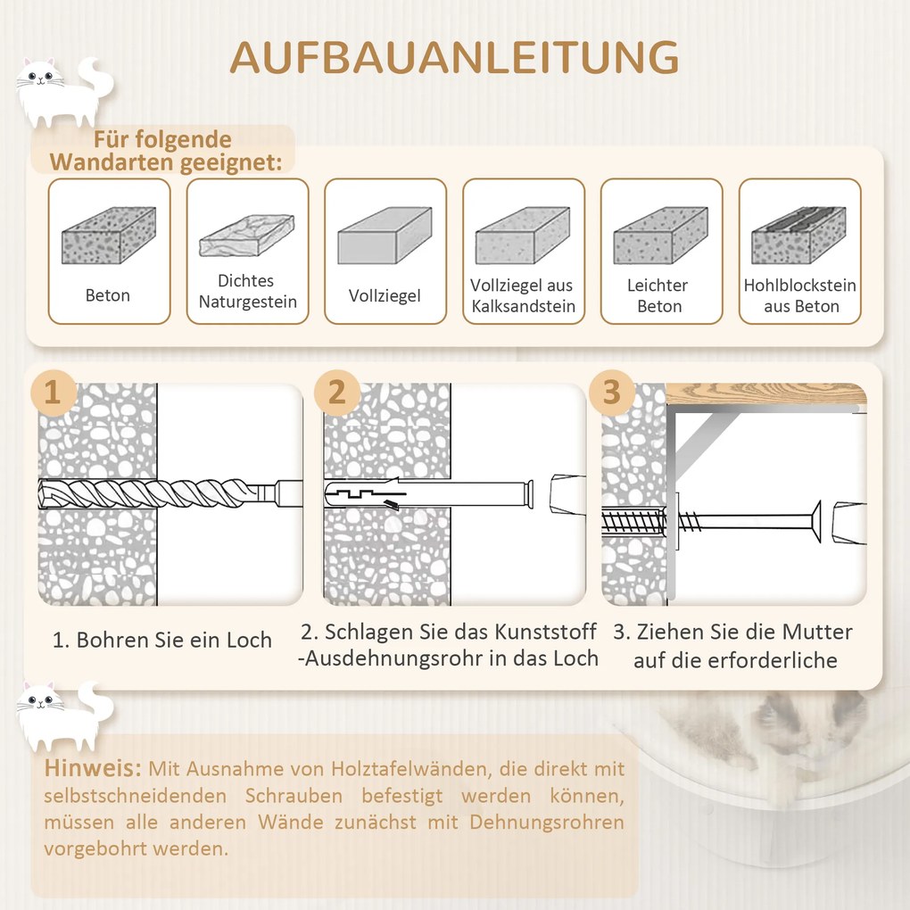 PawHut Regał dla kota, montaż ścienny, miękka leżanka, do 10kg, 41x28x21cm, Biały
