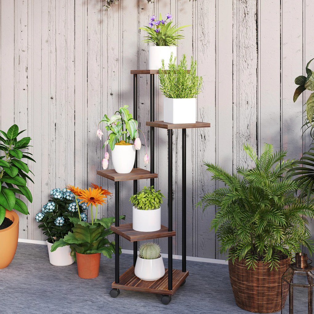 Outsunny Stojak na Kwiaty z 5 Półkami, Pięcioetapowy Stojak na Rośliny, Design Przestawny, Łatwy do Przemieszczenia, Drewno, Stal