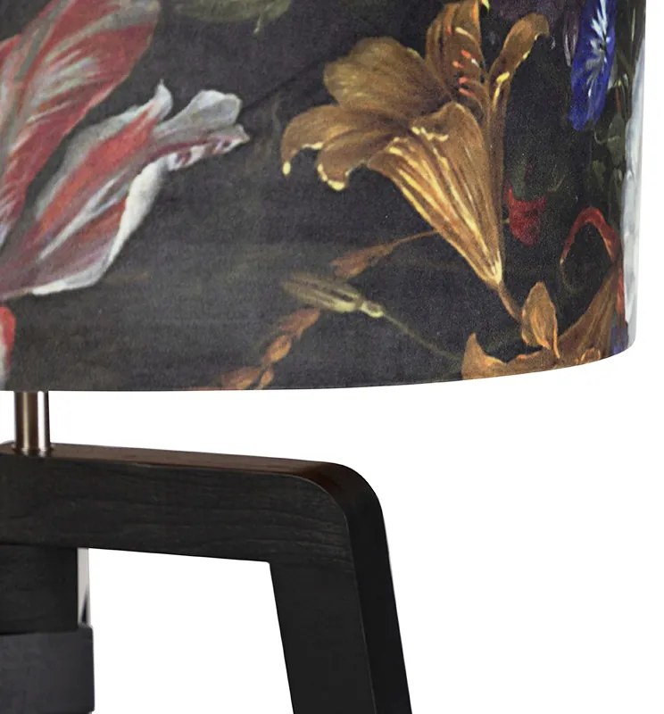 Lampa podłogowa trójnóg czarna z kloszem o wzorze kwiatowym 50 cm - Puros klasyczny/Antyczny Oswietlenie wewnetrzne