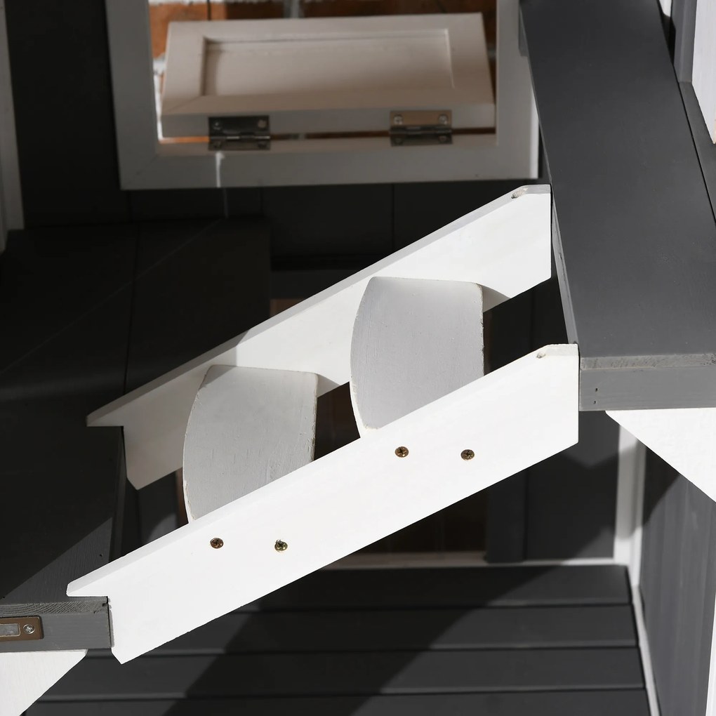 Pawhut® domek budka dla kota 2-piętrowa willa dach asfaltowy lite drewno szary 59 x 55 x 109 cm